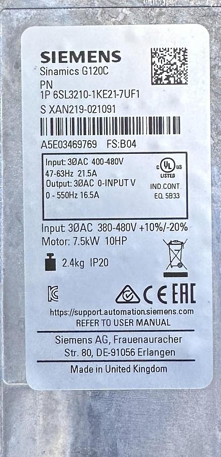 Used NEW SIEMENS 6SL3210-1KE21-7UF1 SINAMICS G120C FREQUENCY CONVERTER 7.5kW/10HP
