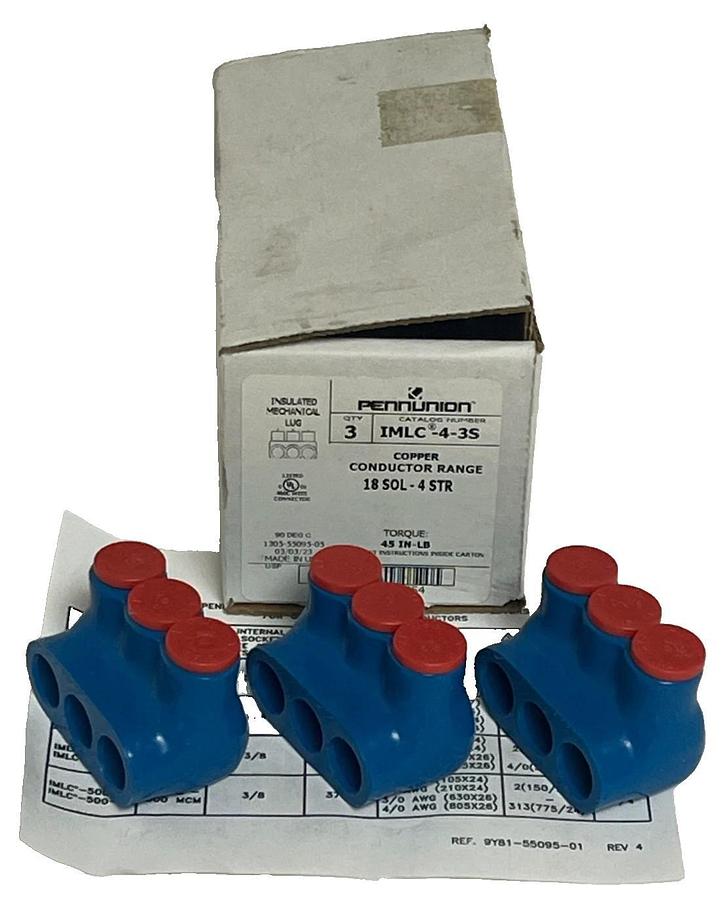 Box of 3 Penn-Union IMLC-4-3S Insulated Copper Connectors 3-Port 18 SOL - 4 STR