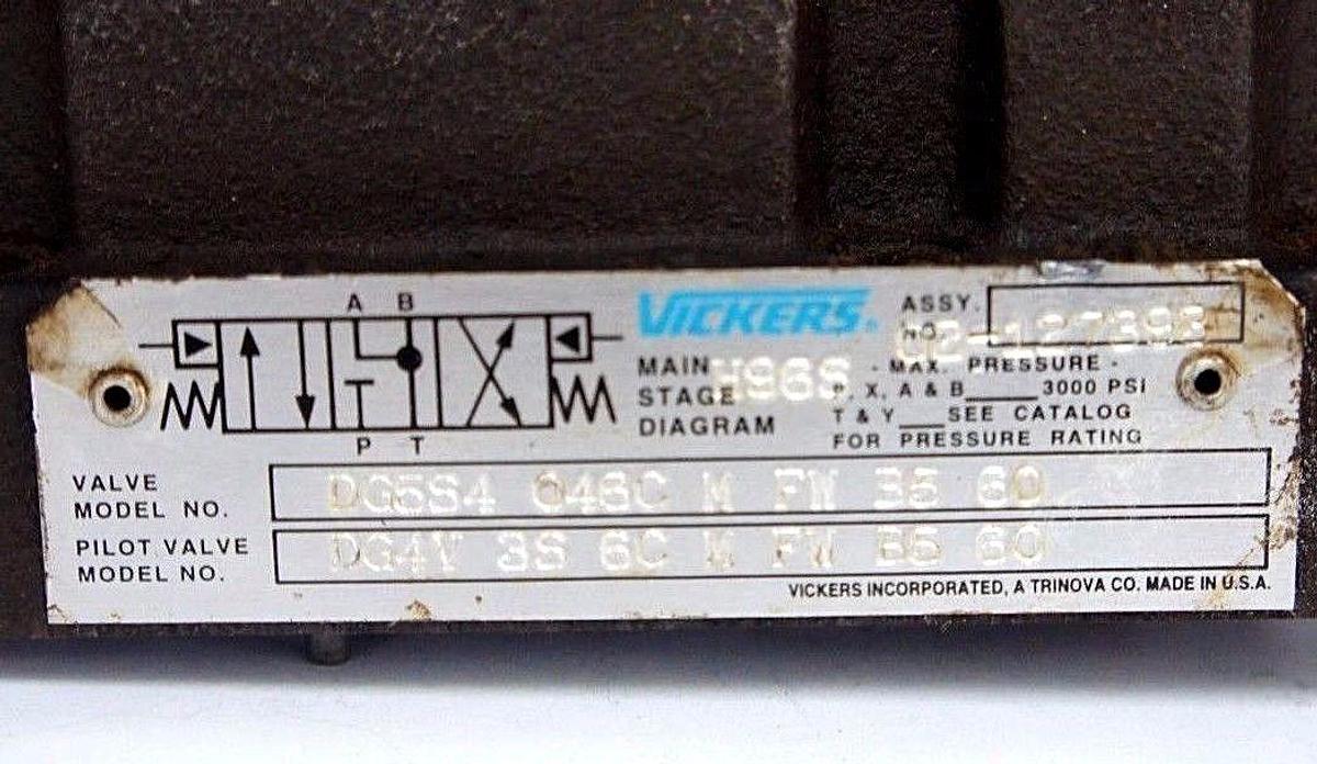 Used VICKERS DG5S4-046C-M-FW-B5-60 VALVE W/ DG4V-3S-6C-M-FW-B5-60 PILOT VALVE