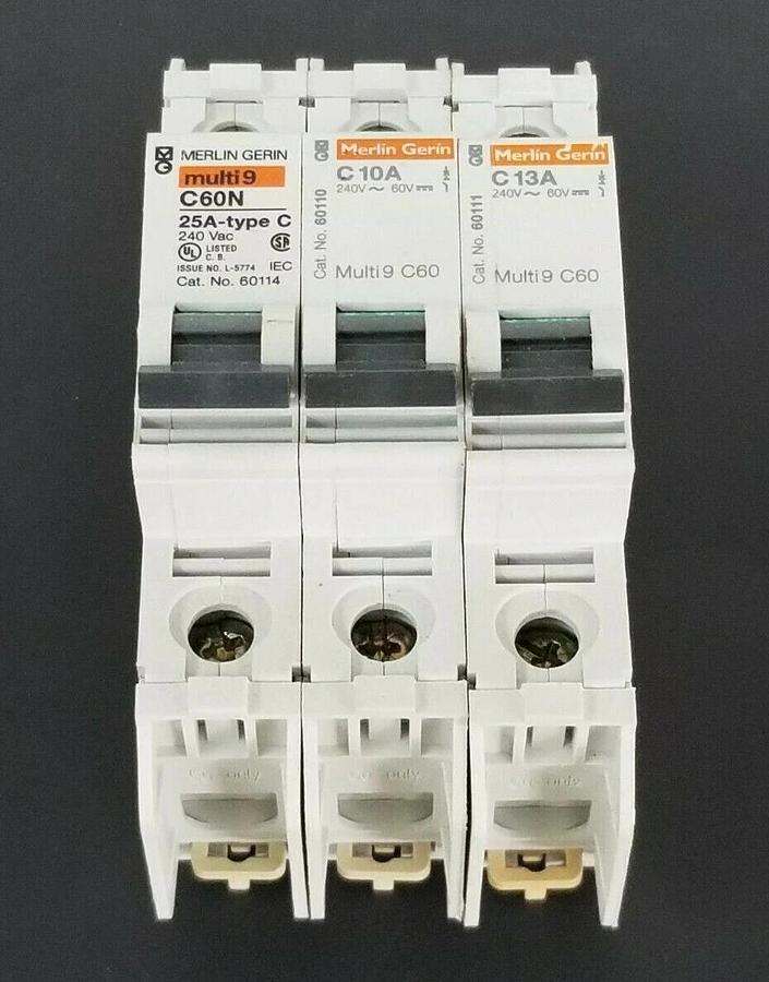 Used LOT OF 3 MERLIN GERIN CIRCUIT BREAKERS 60114 , 60110 , 60111 C60N C10A C13A