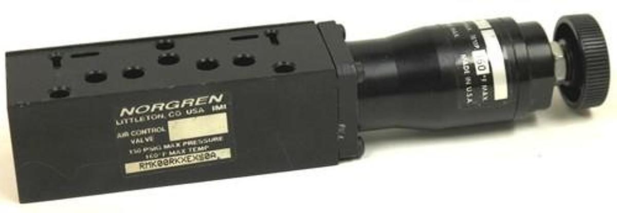 Used NORGREN RMK00RKXEXS0A AIR CONTROL VALVE INLET 150 PSIG, OUTLET 50 PSIG MAX