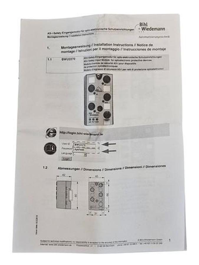 Used BIHL & WIEDEMANN BWU2270 SAFETY INPUT MODULE IDENT. NO: 12942