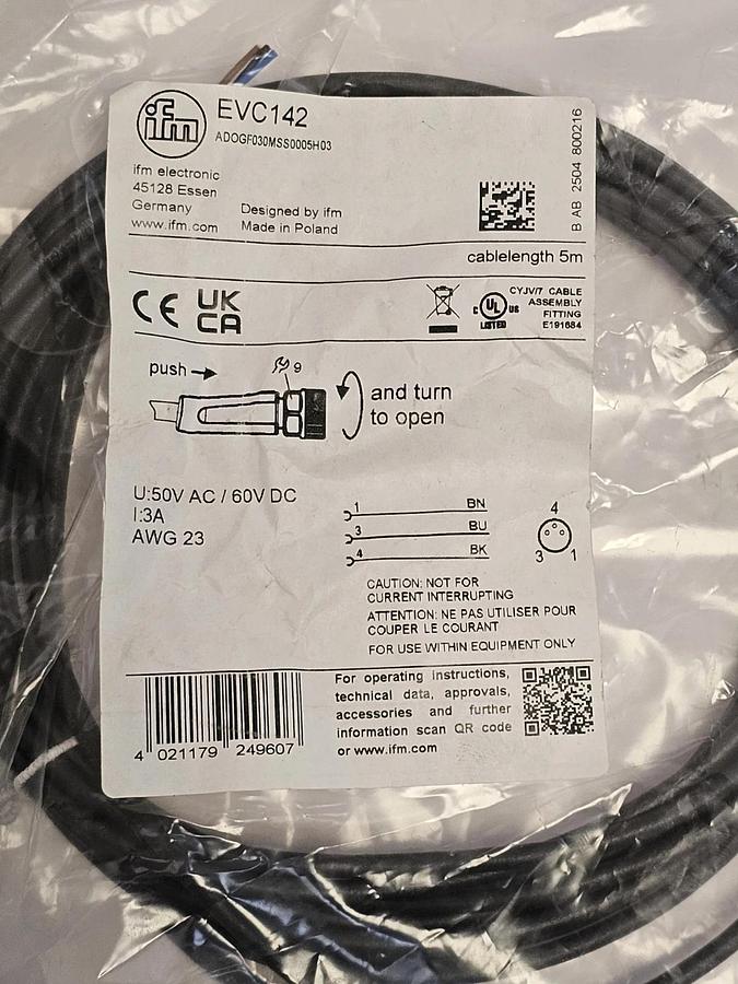 Used LOT OF 3 NEW IFM ADOGF030MSS0005H CONNECTION CABLES EVC142 LENGTH 5M