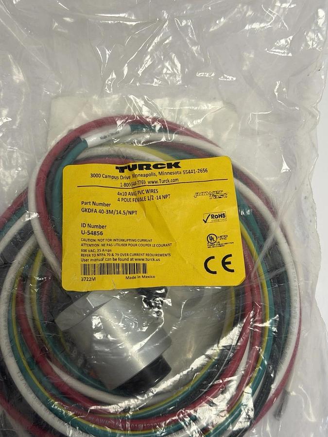 Used NEW TURCK GKDFA 40-3M/14.5/NPT RECEPTACLE ID NUMBER: U-54856 / 3 METERS