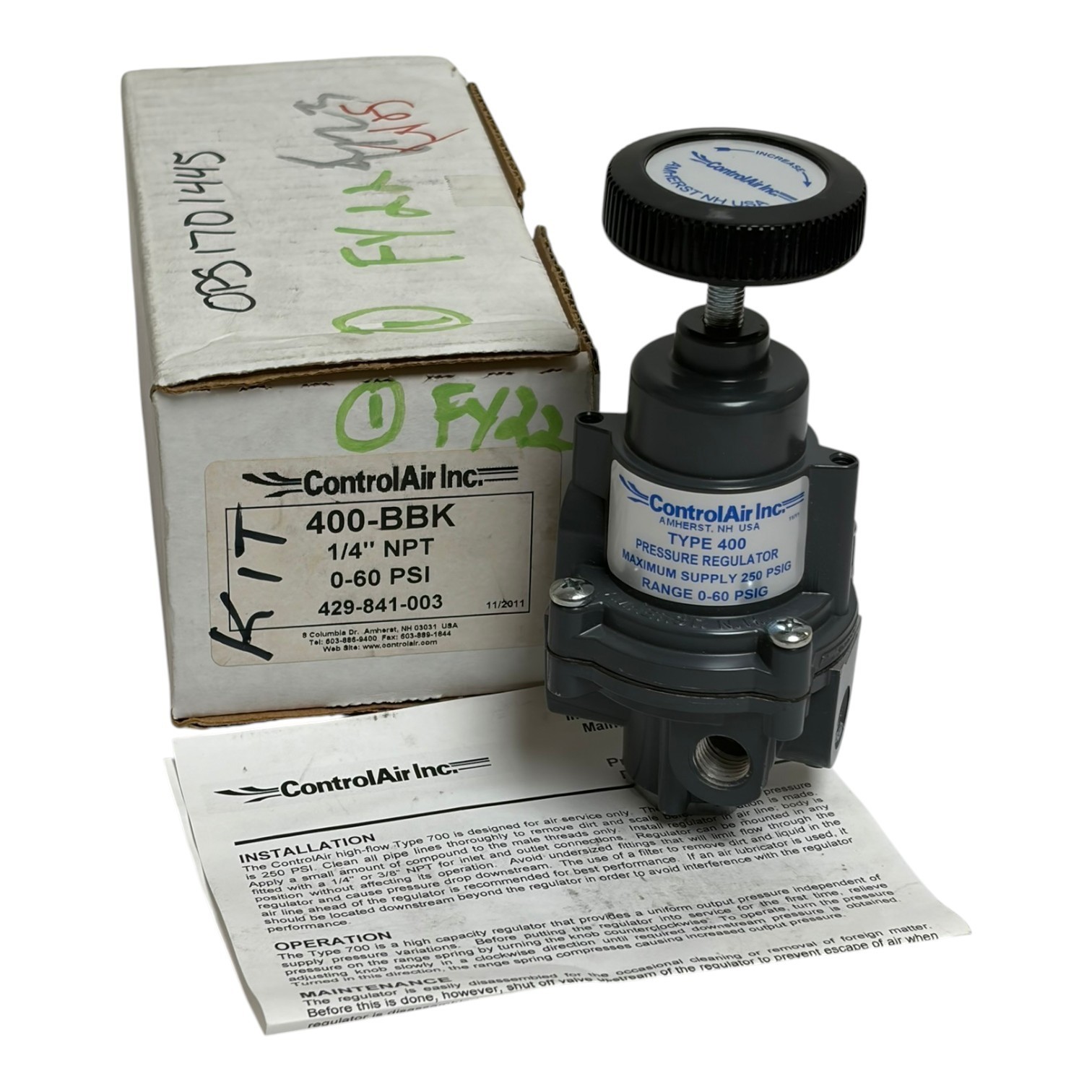 Used ControlAir 400-BBK 1/4" NPT Pressure Regulator 0-60 PSI Type 400 New In Box