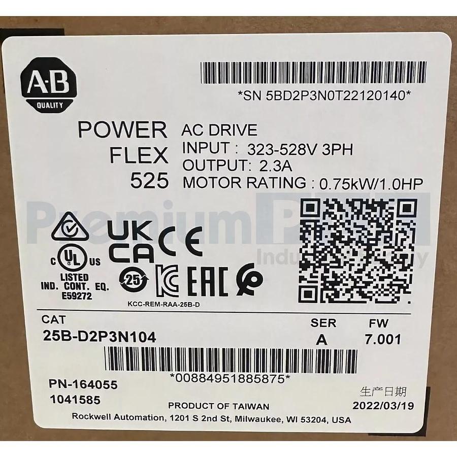 Used ALLEN BRADLEY 25B-D2P3N104 /A POWERFLEX 525 AC DRIVE 0.75kW/1.0HP FW 7.001 NSFS