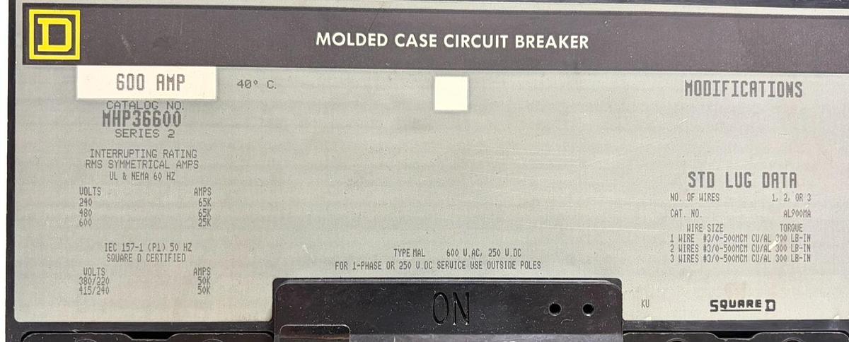 Used Square D MHP36600 600A Molded Case Circuit Breaker 3 Pole 600V Series 2