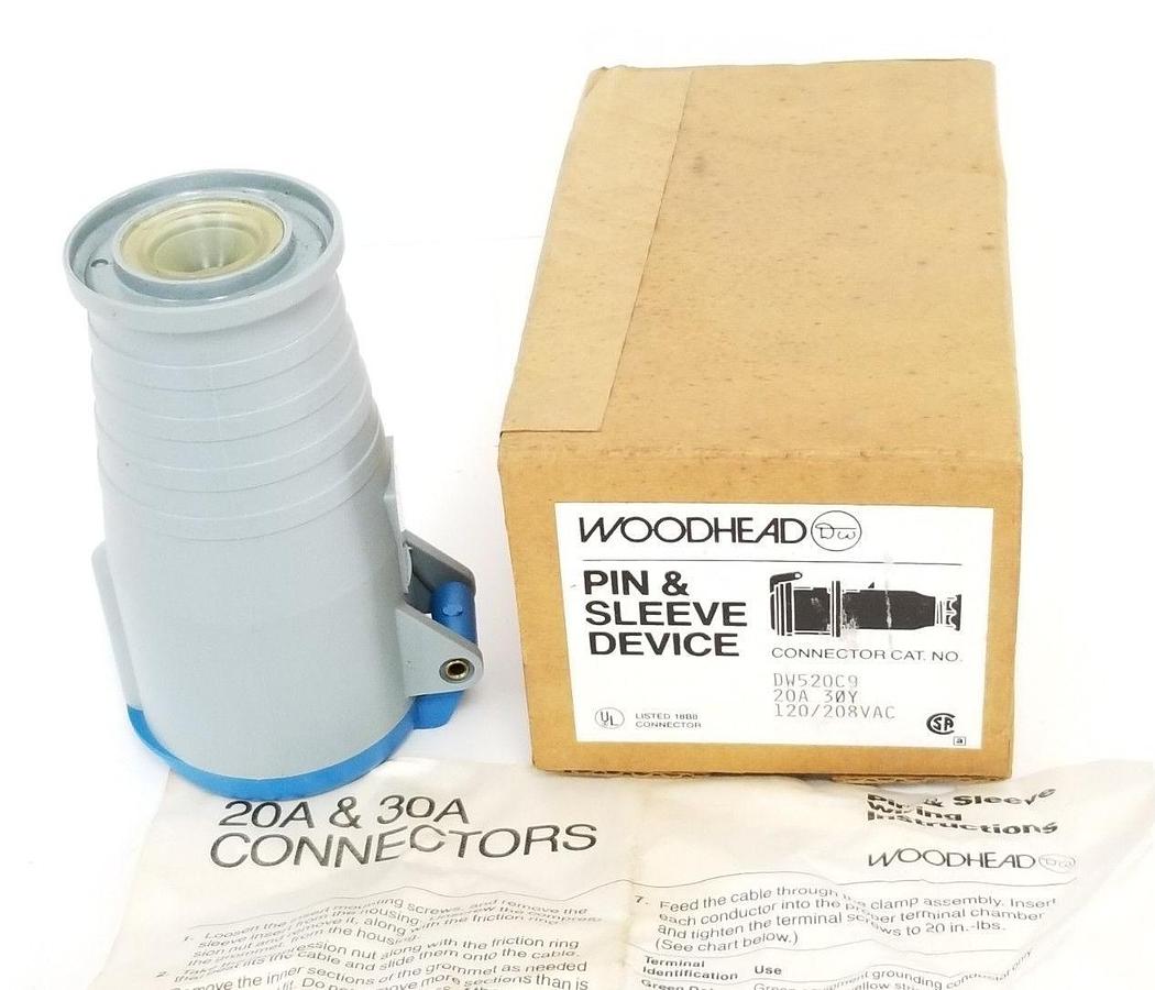 Used NIB WOODHEAD PIN & SLEEVE DEVICE CONNECTOR CAT. NO. DW520C9, 20A, 120/208VAC
