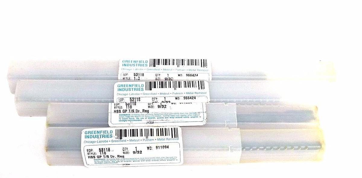 Used LOT OF 4 NEW GREENFIELD INDUSTRIES 53118 DRILL BITS 9/32, STYLE 110, HSS GT T/S