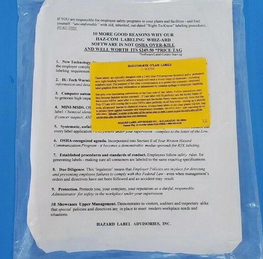 Used (50) NEW HAZARD LABEL ADVISORIES, INC. HAZ-COM:RTK O'LAM 1-40094 LABELS 1-494