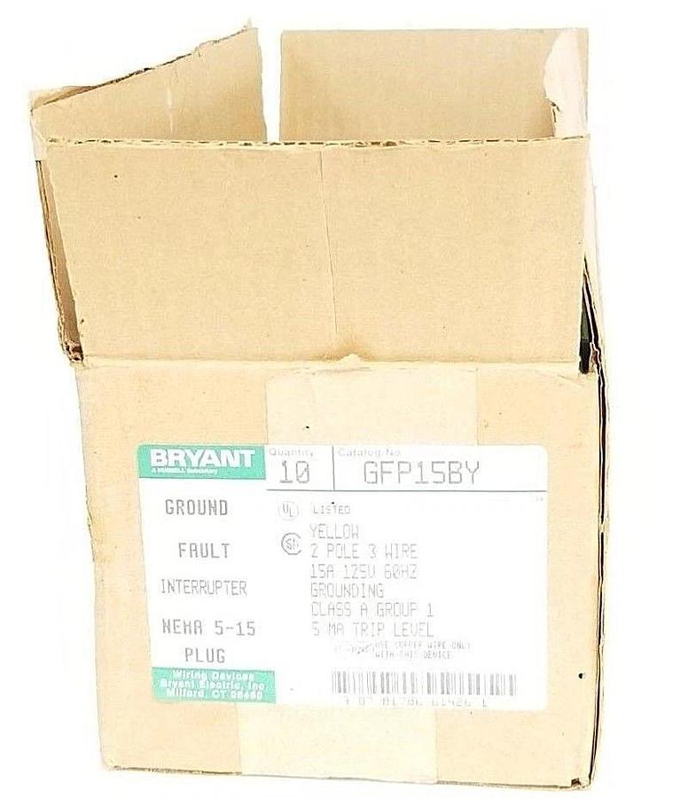 Used BOX OF 10 NEW BRYANT GFP15BY GROUND FAULT INTERRUPTER YELLOW 2P, 15A, 125V PLUGS