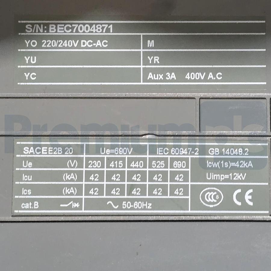 Used ABB 1SDA055831R1 SACE E2B 20 2000A 3P Emax Circuit Breaker w/PR123/P-LSIG Trip