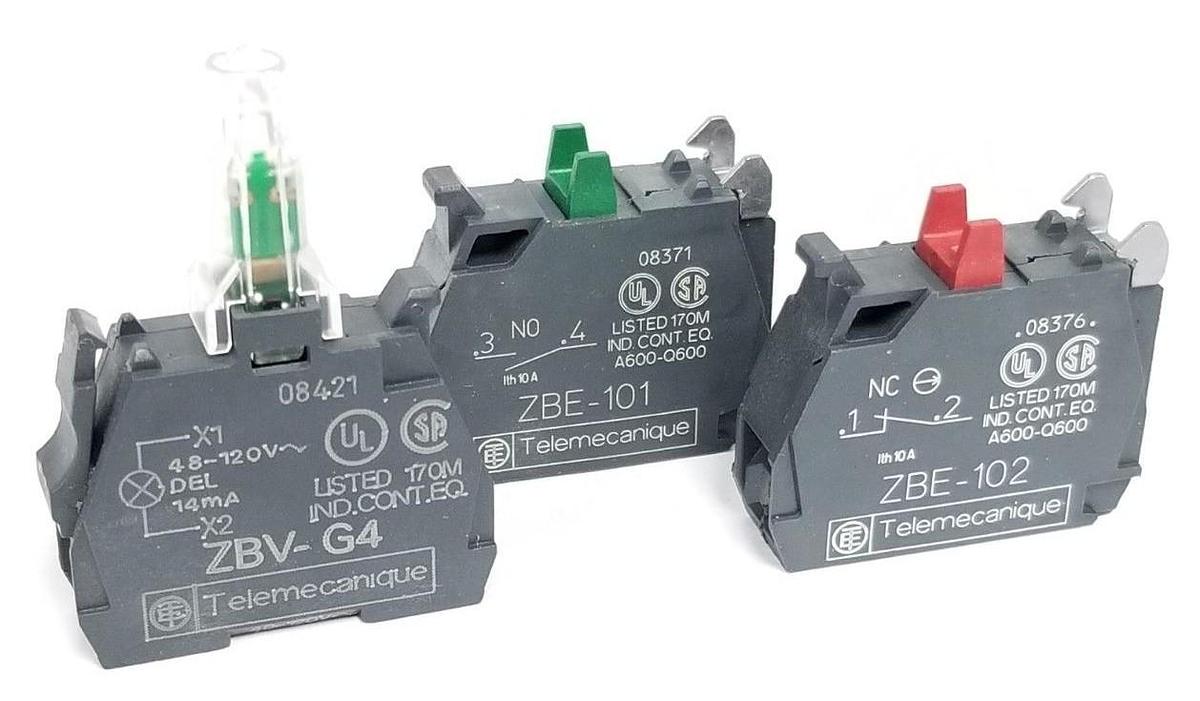 Used LOT OF 3 TELEMECANIQUE CONTACT BLOCKS (1) ZBV-G4 (1) ZBE-101 (1) ZBE-102