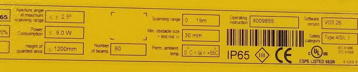 Used SICK OPTIC C4000 LIGHT CURTAIN SENDER 1018647 / C40S-1203CA010 / C40S1203CA010