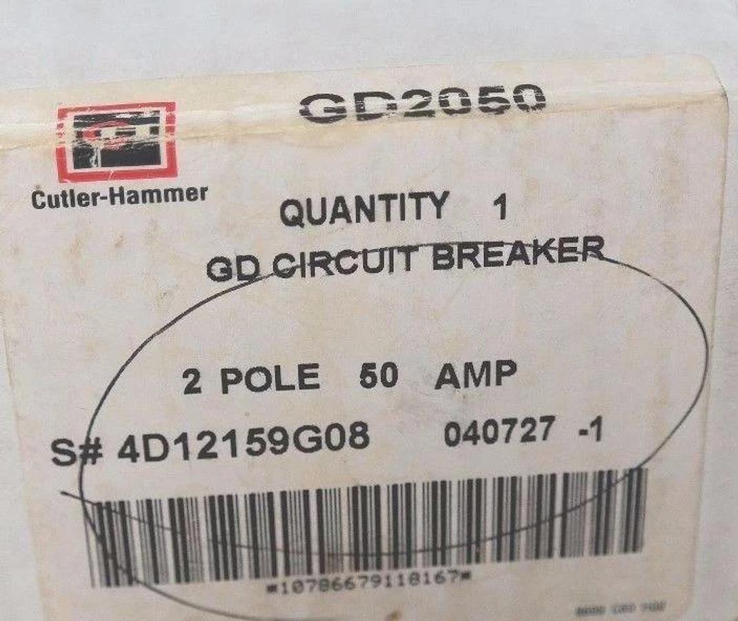 Used NIB CUTLER HAMMER GD2050 CIRCUIT BREAKER, GD 14K, 2POLE, 50AMP, 4D12159G08 GD14K
