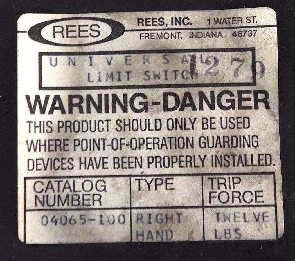 Used NEW REES 04065-100 UNIVERSAL LIMIT SWITCH RIGHT HAND, TRIP FORCE: 12 LBS