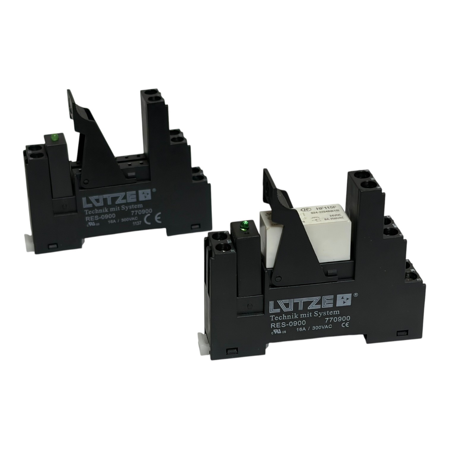 Used Lot of 2 Lutze RES-0900 770900 Relay Sockets with 1 HF115F 24VDC Power Relay New