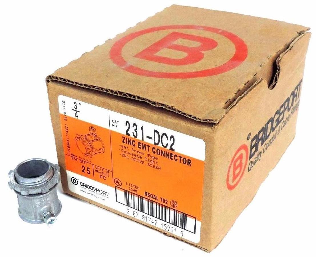 Used BOX OF 25 NEW BRIDGEPORT 231-DC2 3/4" ZINC EMT CONNECTORS 231DC2