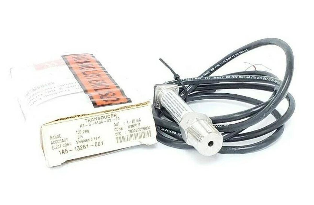 NIB ASHCROFT K1-5-M04-42-F4 TRANSDUCER 100PSIG 4-20mA 1/2" NPTM 6FT K15M0442F4#