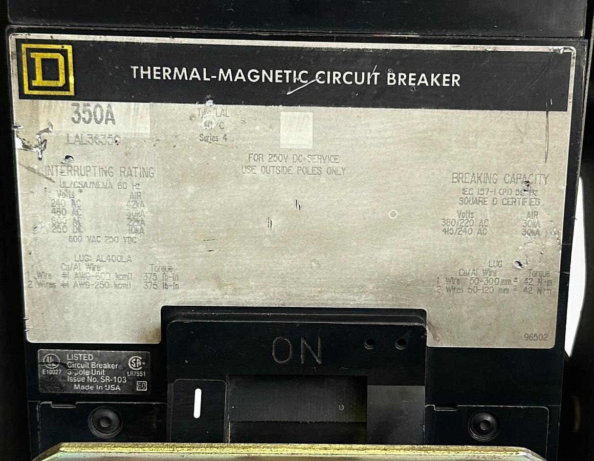 Used SQUARE D LAL36350 THERMAL-MAGNETIC CIRCUIT BREAKER 350A W/ 9422RR1 /B MECHANISM