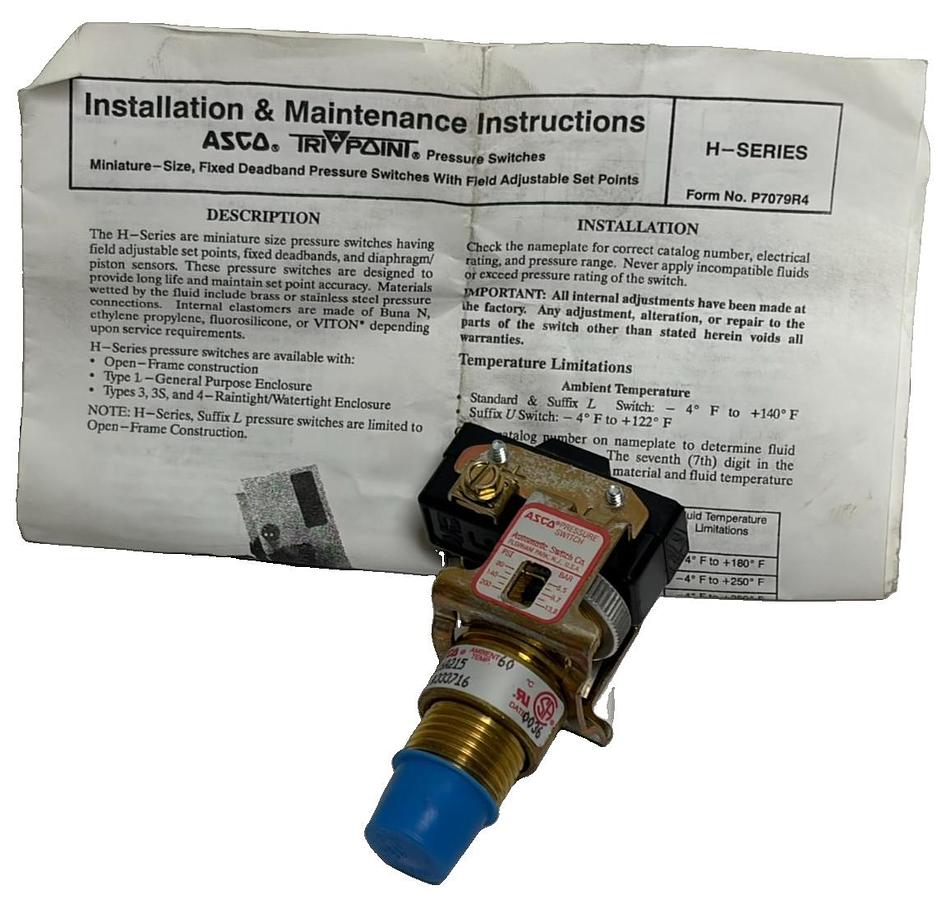 Used ASCO Tri-Point HC16A215 H-Series Adjustable Pressure Switch 80-200 PSI 1/2 NPT