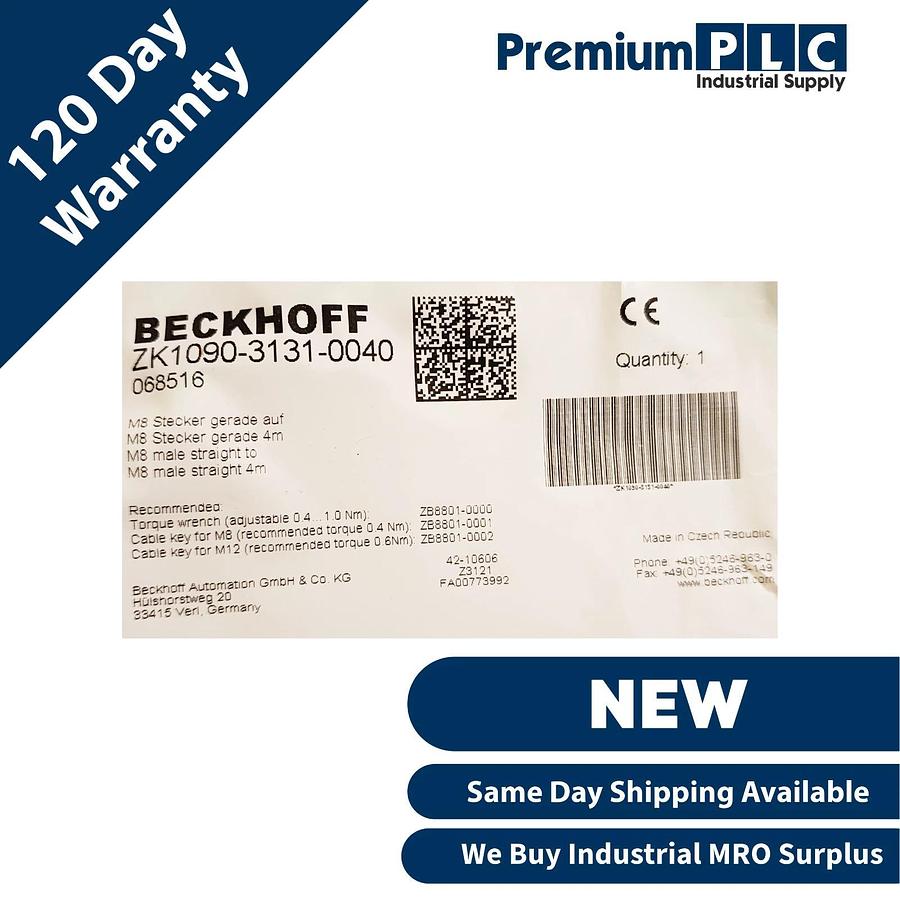 Used NEW BECKHOFF ZK1090-3131-0040 EtherCAT CABLE 4-PIN M8 MALE/M8 MALE 4m 068516