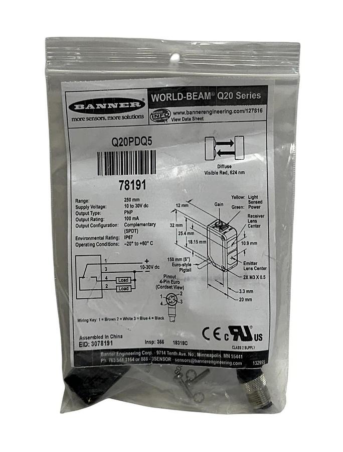 BANNER Q20PDQ5 / 78191 WORLD-BEAM Q20 SERIES PHOTOELECTRIC SENSOR 10-30VDC NSMP