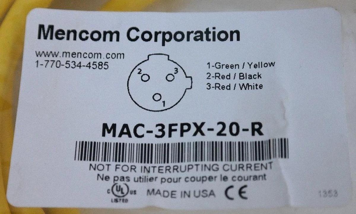 Used NEW MENCOM MAC-3FPX-20-R MICRO-AC SERIES CORDSET 300V, 4A, 3P, 20FT, MAC3FPX20R