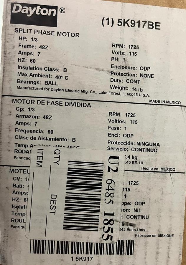Dayton 5K917BE Split Phase Motor 1/3 HP 1725 RPM 115V 48Z Frame ODP