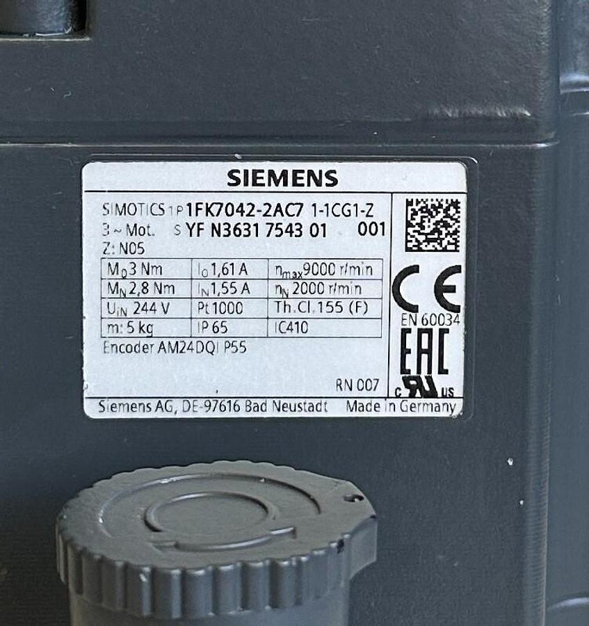 Used SIEMENS 1FK7042-2AC71-1CG1-Z / 1FK7042-2AC71-1CG1 SERVO MOTOR W/ MPR100 / 302867