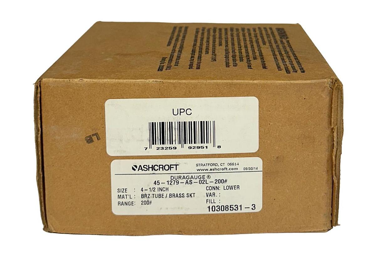 Used ASHCROFT 45-1279-AS-02L-200# / 451279AS02L200 DURAGAUGE PRESSURE GAUGE NSMP
