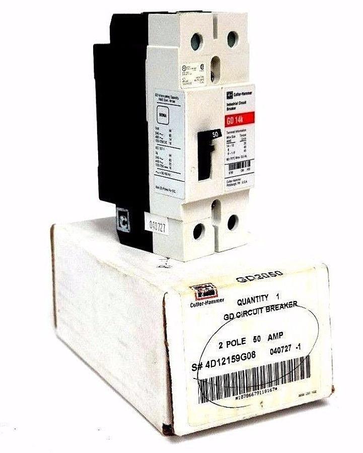 Used NIB CUTLER HAMMER GD2050 CIRCUIT BREAKER, GD 14K, 2POLE, 50AMP, 4D12159G08 GD14K