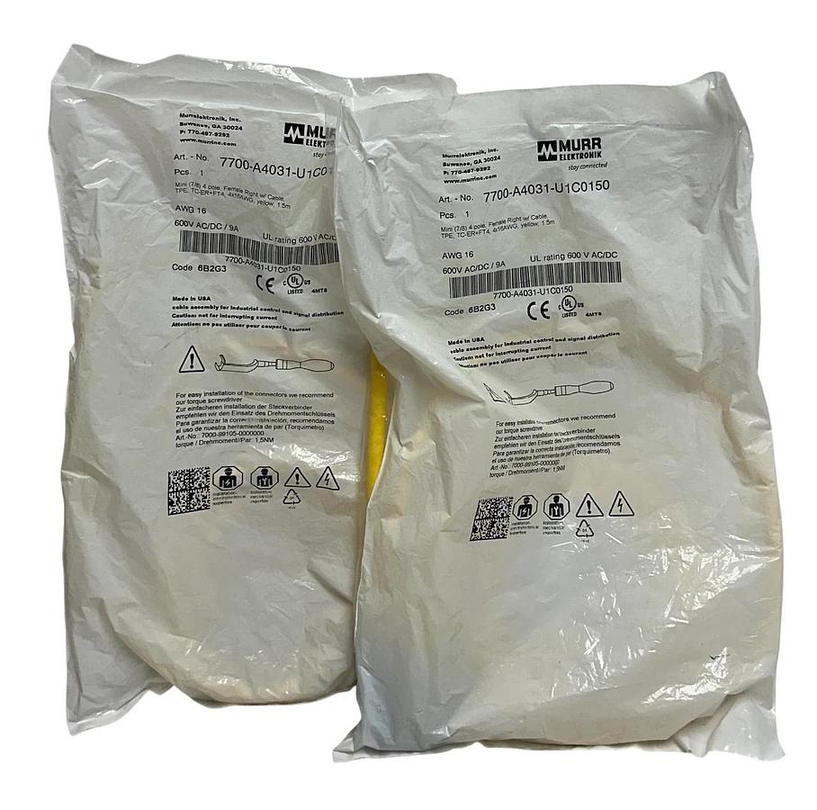 Used 2 MURR ELEKTRONIK 7700-A4031-U1C0150 / 7700A4031U1C0150 MINI (7/8) 4P 1.5M NSFS