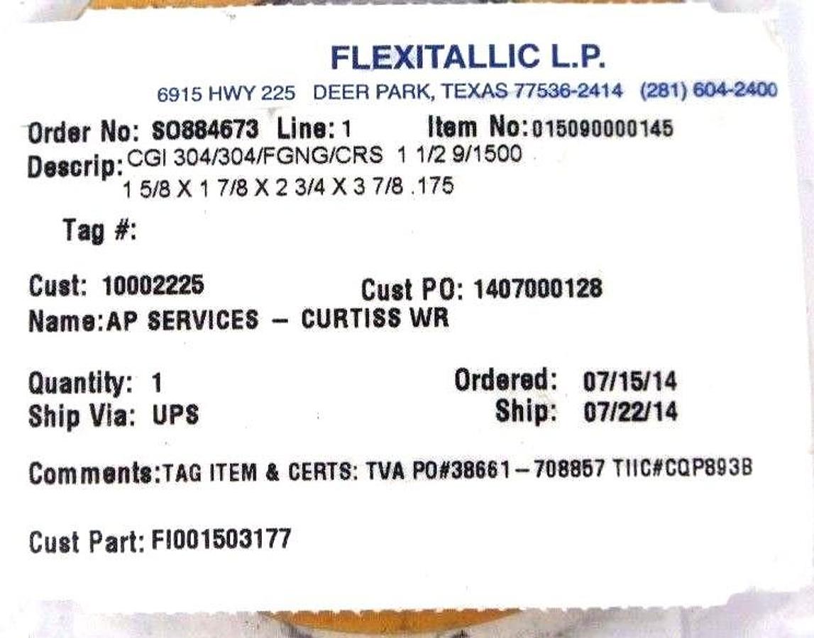 Used LOT OF 2 NEW FLEXITALLIC CQP893B SPIRAL WOUND GASKETS QA 3, 1-1/2" SS FLEXICARB