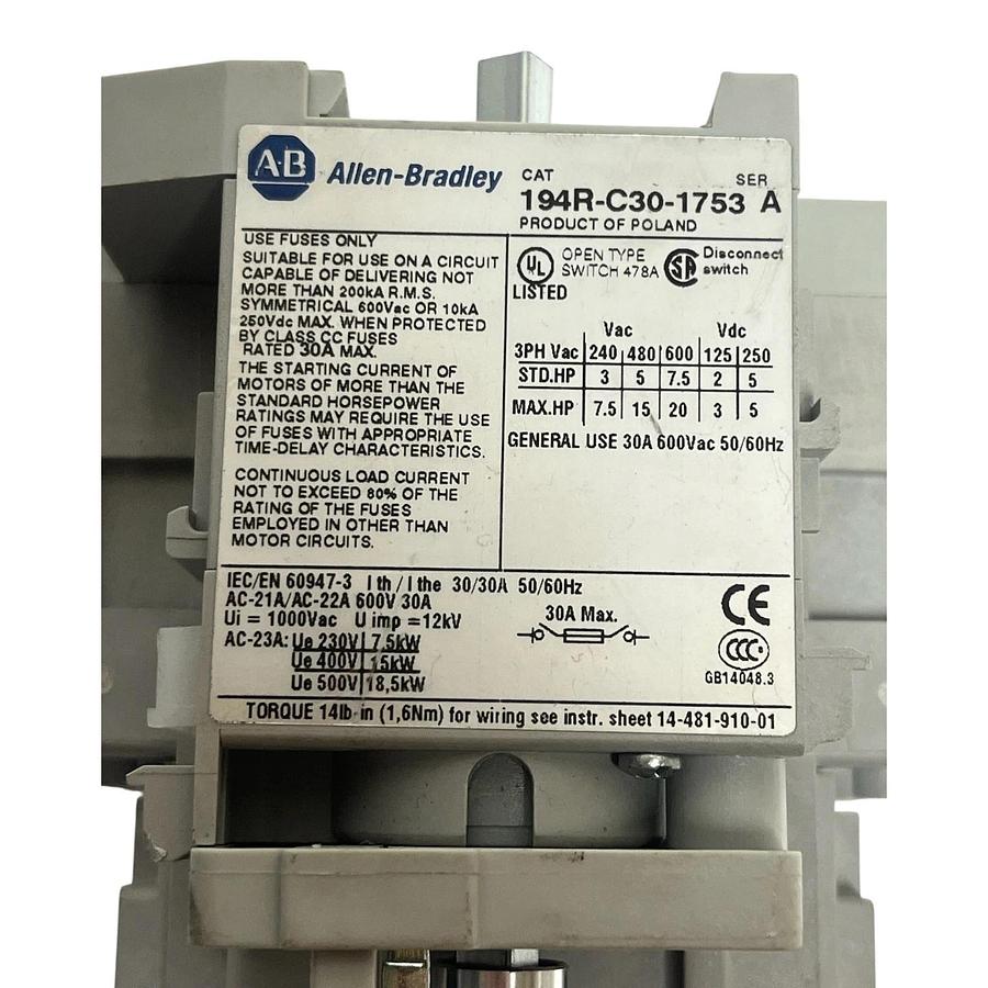 Allen Bradley 194R-C30-1753 Ser A 30A Rotary Disconnect Switch w/ 194R-N2 Handle