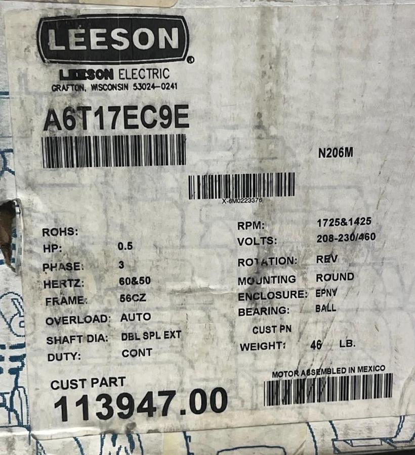 LEESON A6T17EC9E Explosion Proof Motor w/ 931141 Outlet Box | 1/2 HP, 56C, 3PH