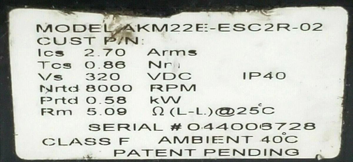 Used LOT OF 2 DANAHER MOTION AKM22E-ESC2R-02 SERVOMOTORS 320VDC 2.7 ARMS 8000RPM