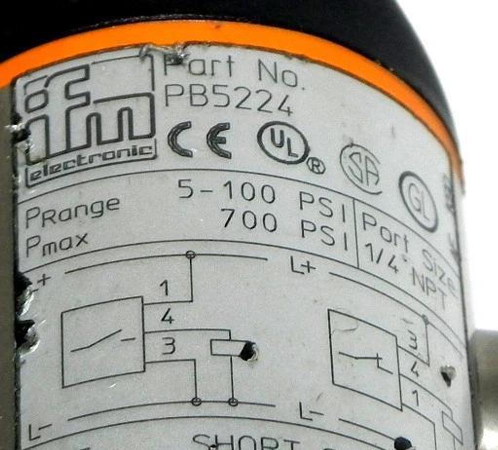 Used IFM EFECTOR PB5224 PRESSURE SWITCH LIQ/GAS 0-100PSI 1/4" NPT