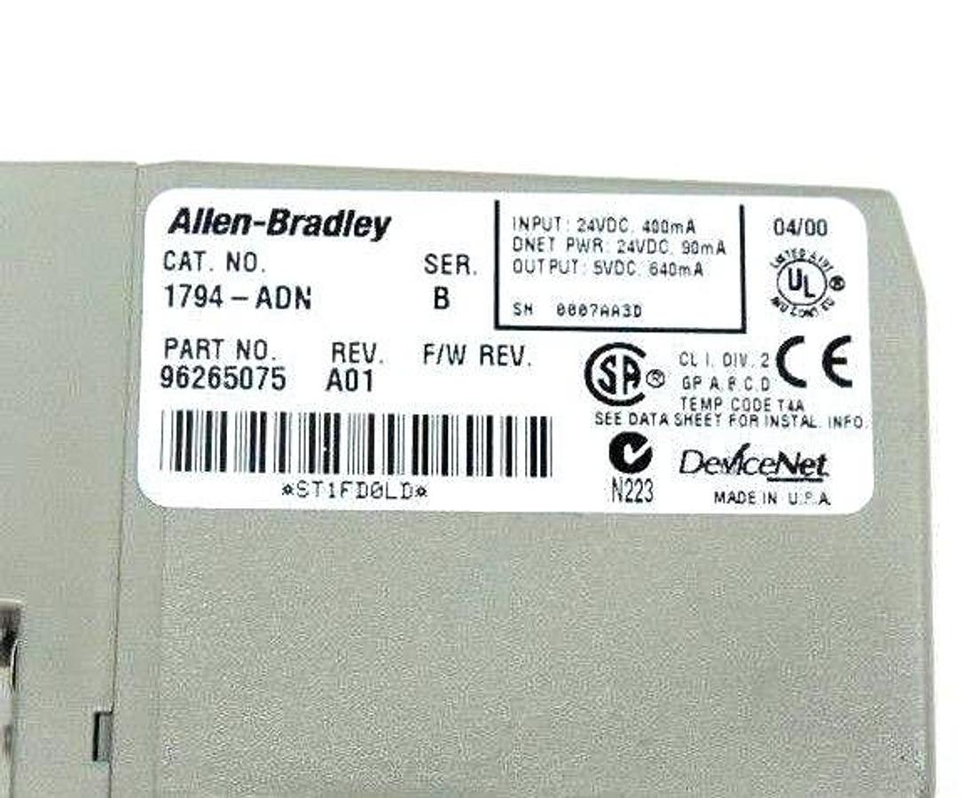 Used ALLEN BRADLEY 1794-ADN DEVICENET FLEX I/O 1794ADN, SER. B, REV. A01, 24 VDC