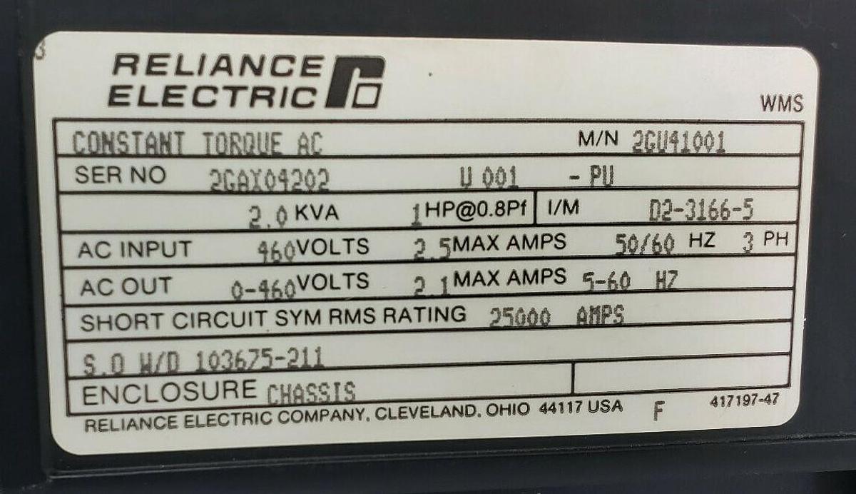 Used RELIANCE ELECTRIC 2GU41001 GP-2000 AC VS DRIVE, 1.7KVA, 1HP, 3 PHASE