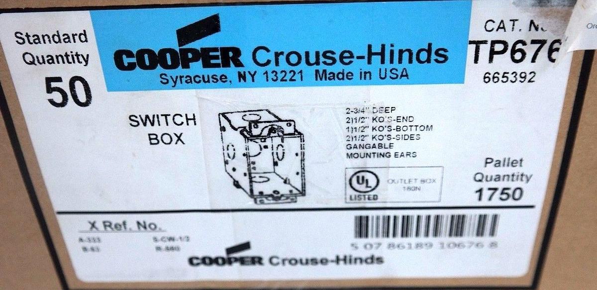 Used BOX OF 25 NEW COOPER CROUSE-HINDS TP676 GANGABLE SWITCH BOXES 2-3/4" DEEP