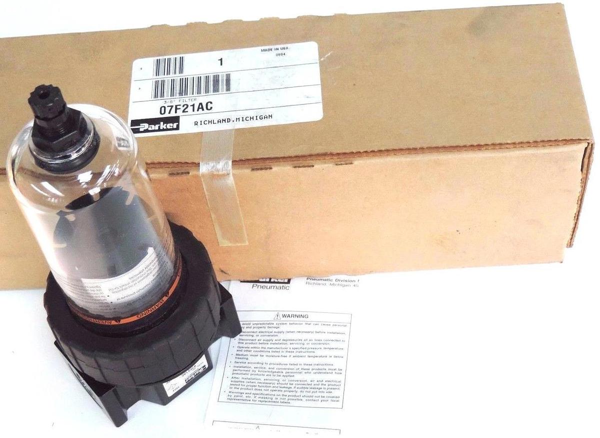Used NIB PARKER 07F21AC PNEUMATIC FILTER 150PSI MAX 125F MAX 3/8IN 40MICR