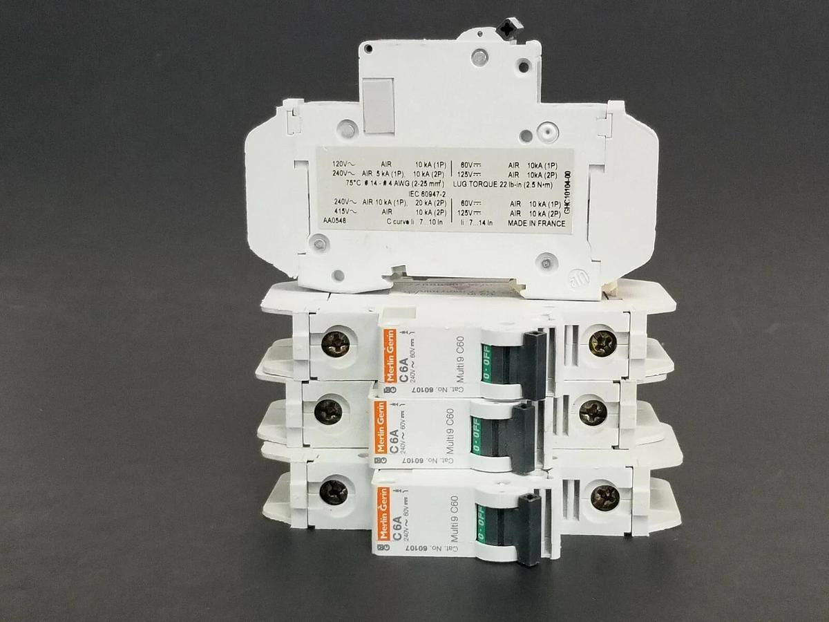 Used LOT OF 4 MERLIN GERIN CAT. NO. 60107 MULTI9 C60 CIRCUIT BREAKERS C6A 240V/60V