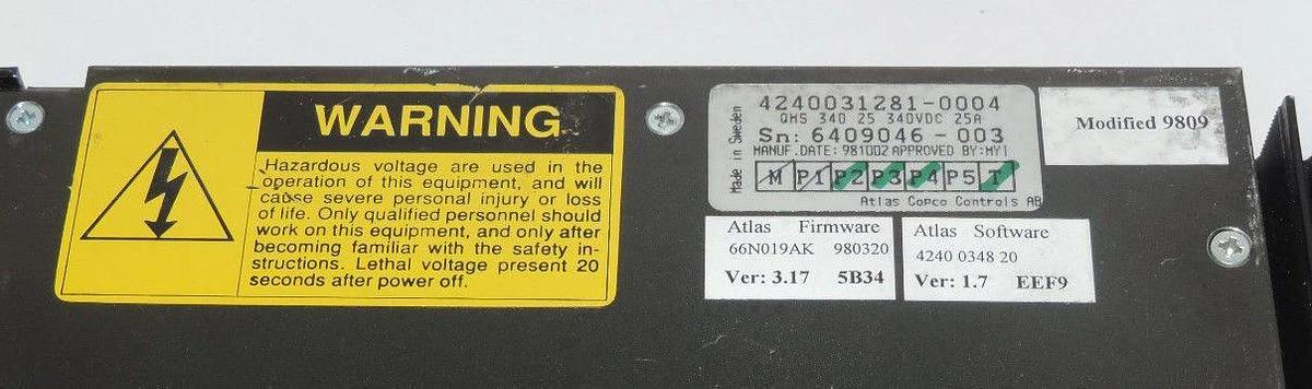 Used ATLAS COPCO 4240031281-0004 SERVO CONTROLLER QMS 340 25 340VDC 25A, QMS34025