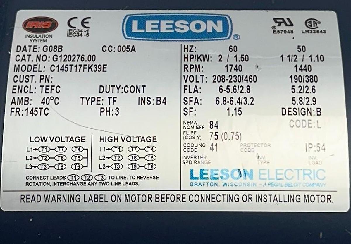Used LEESON G120276.00 / C145T17FK39E INDUSTRIAL ELECTRIC MOTOR 2HP/1.5kW 3PH NSNP