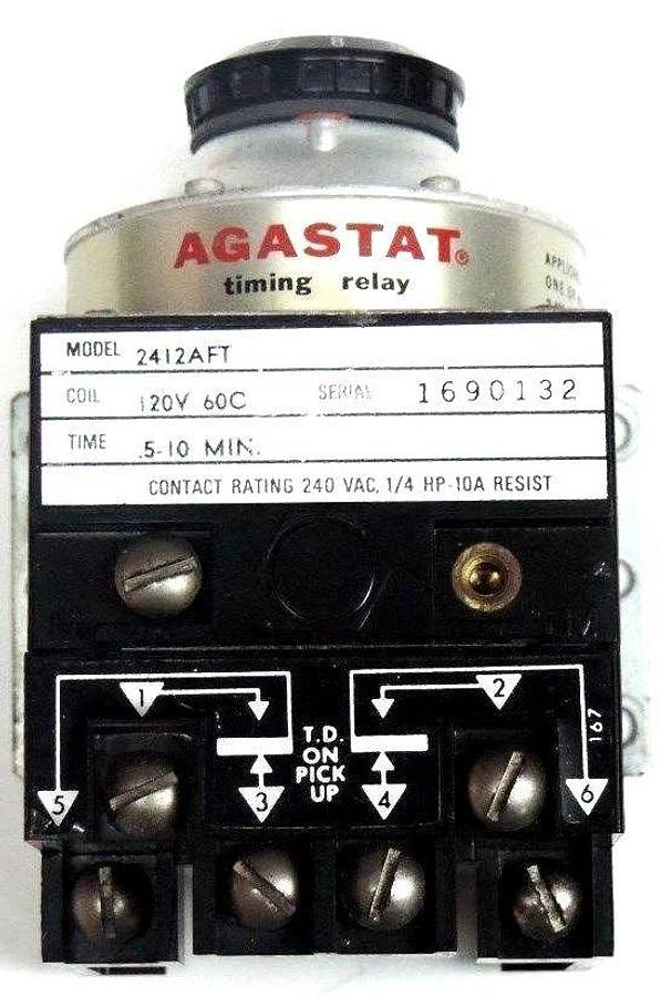 Used AGASTAT 2412AFT TIMING RELAY 120V, 60C, .5/10MIN., 240VAC, 1/4HP, 10A RESIST