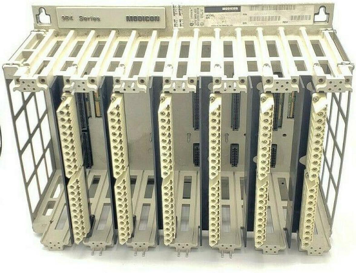 Used MODICON AS-9534-002 984 SERIES 7-SLOT CHASSIS RACK AS-H819-209 W/ WIRING ARMS
