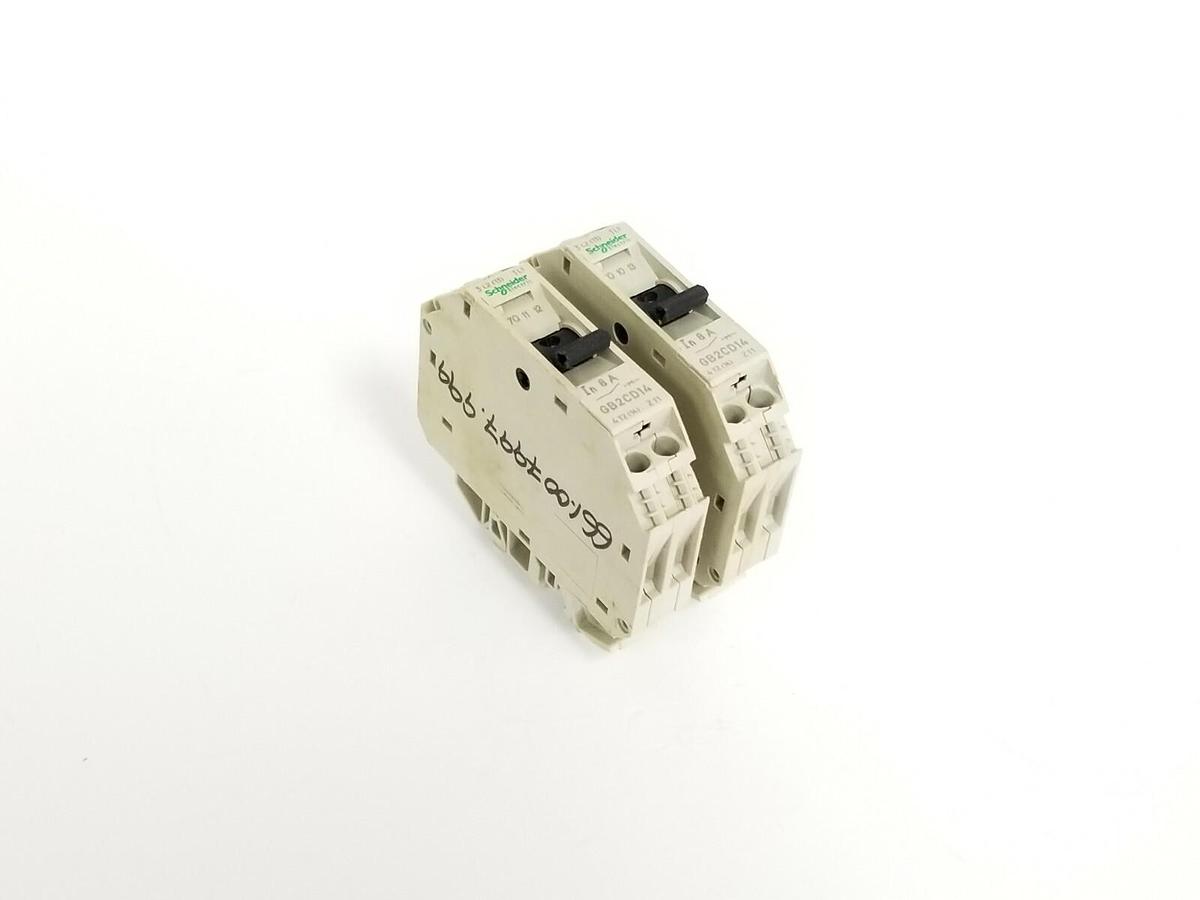 Used LOT OF 2 SCHNEIDER ELECTRIC GB2-CD14 CIRCUIT PROTECTORS 8A 48VDC 125VAC GB2CD14