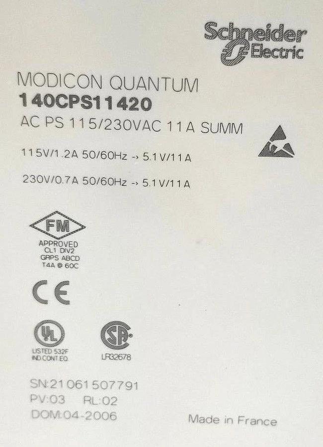 Used SCHNEIDER MODICON QUANTUM 140-CPS-114-20 PV:03 RL:02 AC POWER SUPPLY 140CPS11420