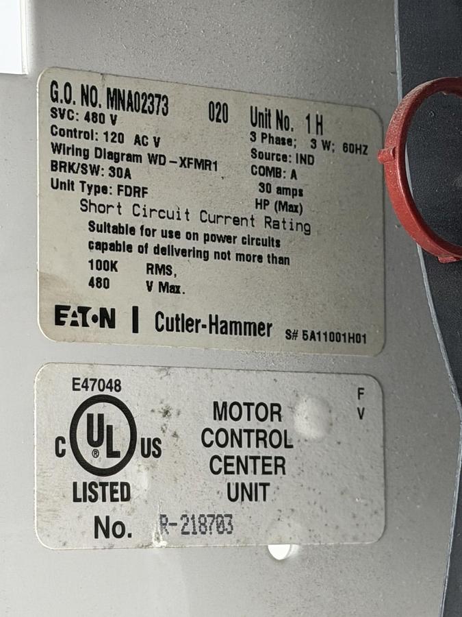 Used EATON CUTLER-HAMMER MNA02373 MOTOR CONTROL UNIT 480V 60Hz MNA02373-020